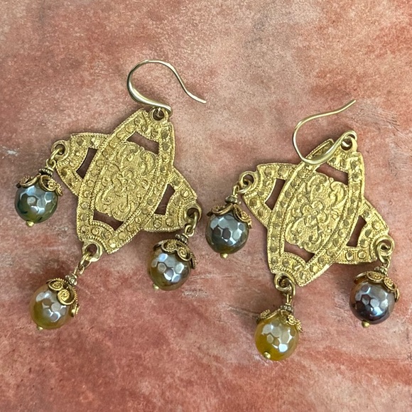 Handmade bohemian gemstone agate drop earrings - Picture 2 of 8